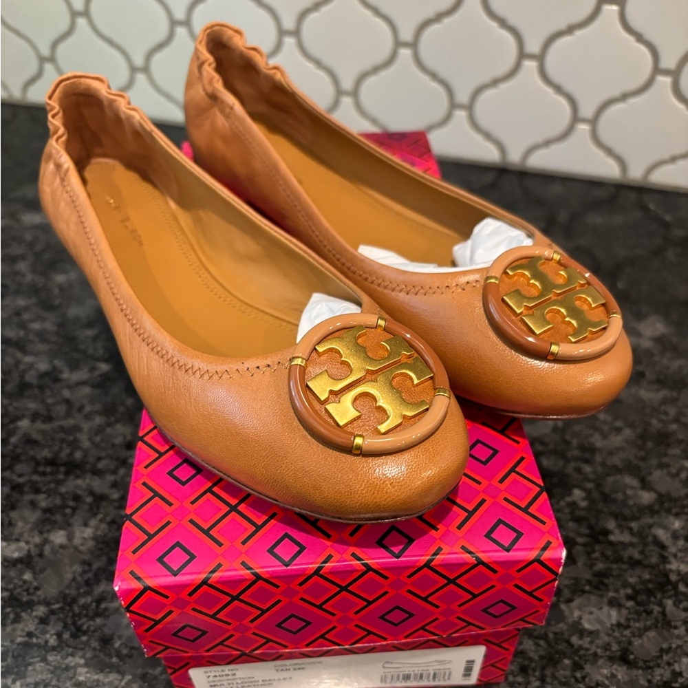 Tory Burch Tan Gold Flats with Logo